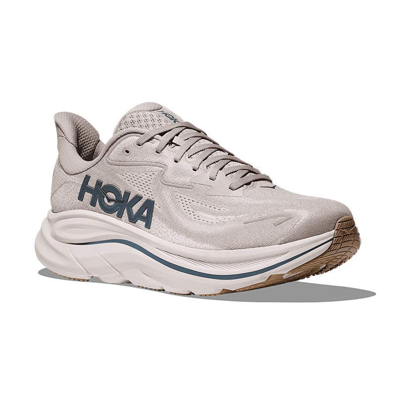 Gray running shoe with Hoka branding on a white background