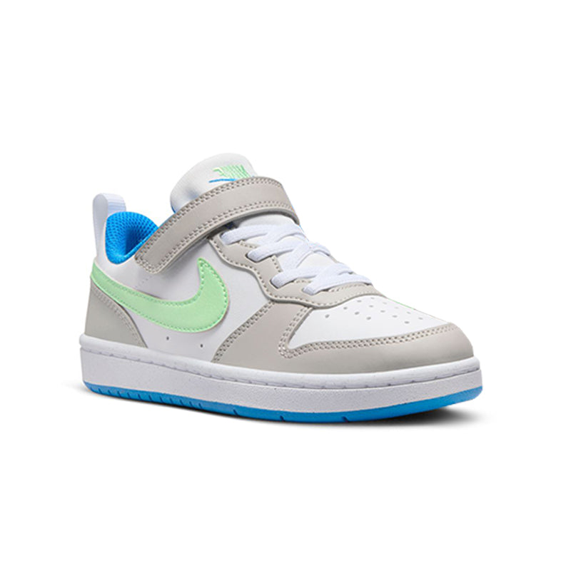Angled side view of Kid's Nike Grade School Court Borough Low Recraft sneaker in iron/vapor green/blue.