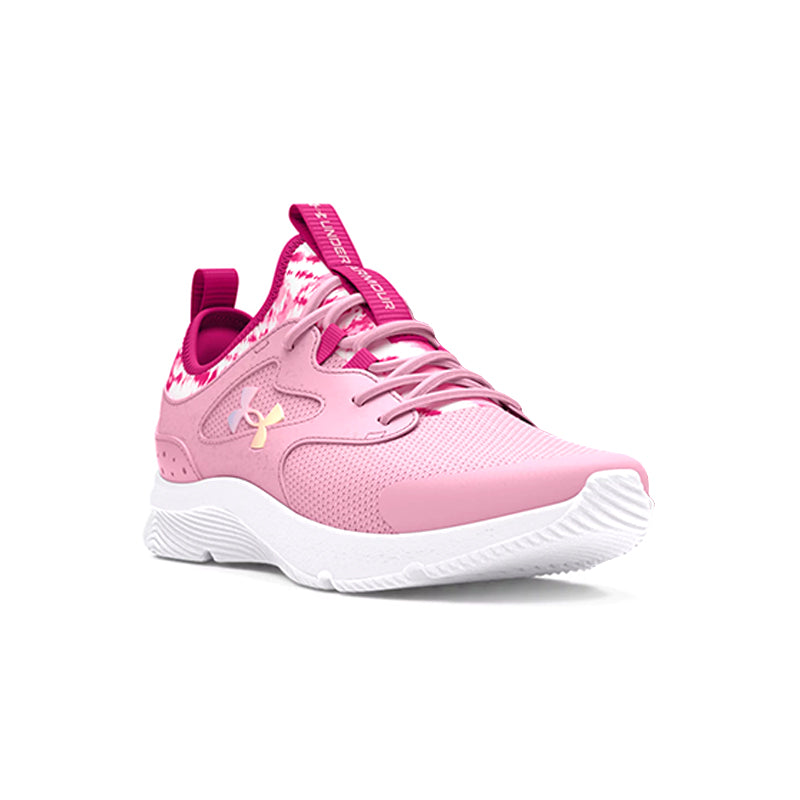 Angled side view of Under Armour Kid's Preschool Infinity 2.0 Print sneaker in pink/astro pink/iridescent.