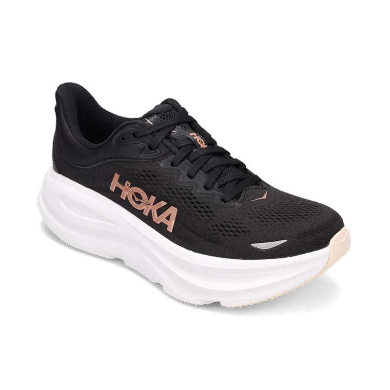Black running shoe with 'Hoka' branding on a white background