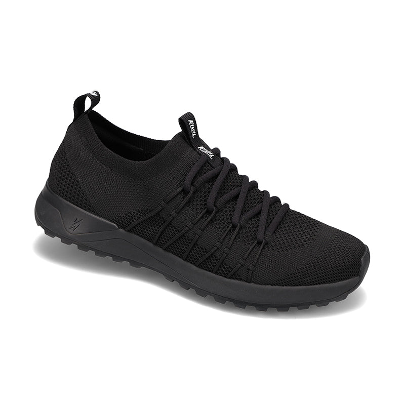 Angled side view of Rival Men's Drive sneaker in Black/Black/Black.