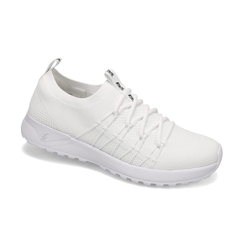 Angled side view of Rival Men's Drive sneaker in White/White/White.