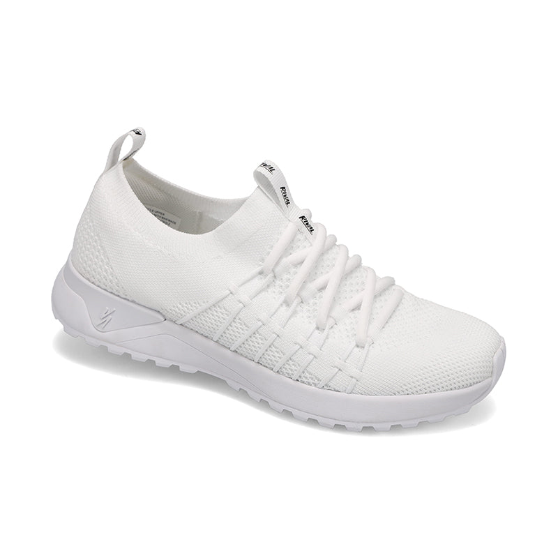 Angled side view of Rival Women's Drive sneaker in White/White/White.