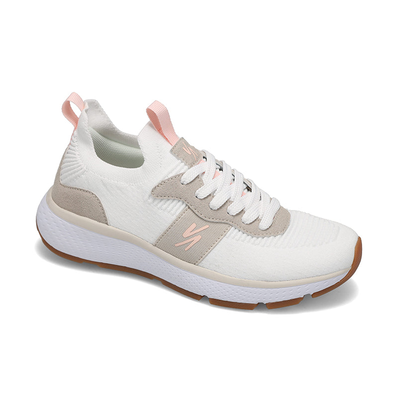 Angled side view of Rival Women's Reign sneaker in White/Blush/Gum.
