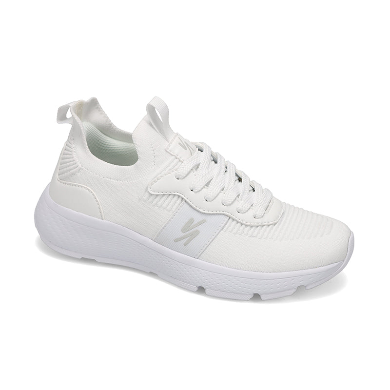 Angled side view of Rival Women's Reign sneaker in White/White/White.