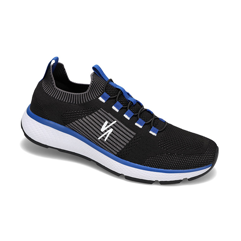 Angled side view of Rival Men's Shift Sneaker in Black/ Royal/ White.