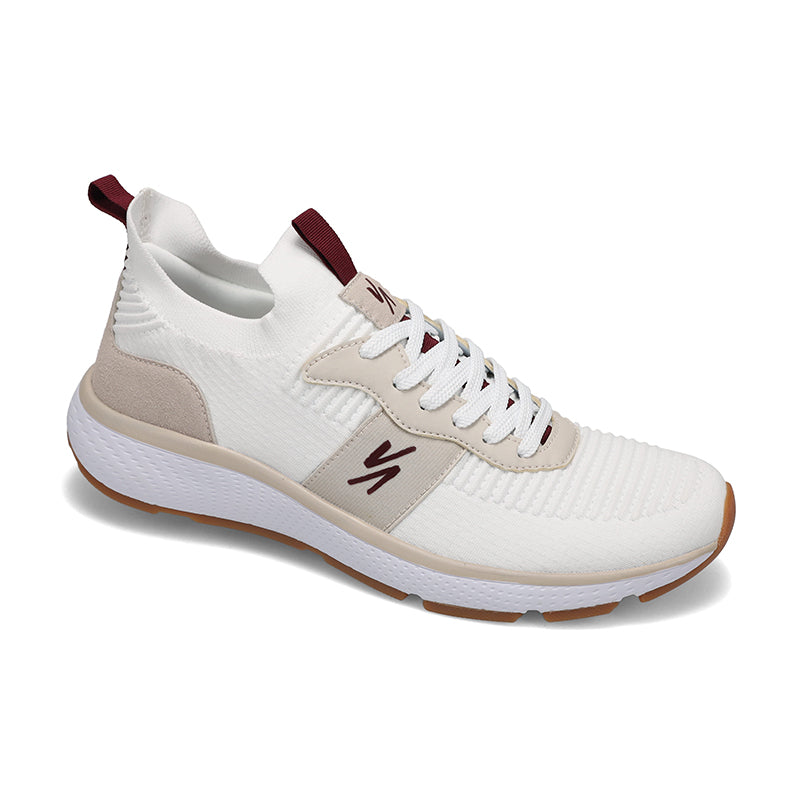Men's athletic sneakers in white, maroon, and beige colors with a mesh upper, EVA midsole, and rubber outsole.