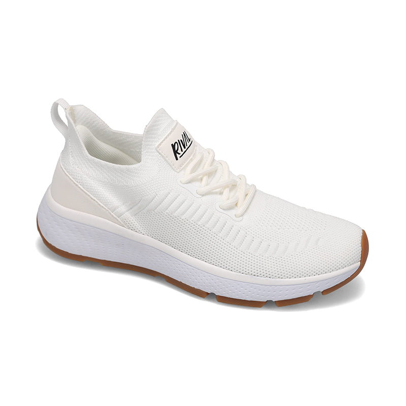 Angled side view of Rival Women's Pulse Sneaker in Ivory/ White/ Gum.