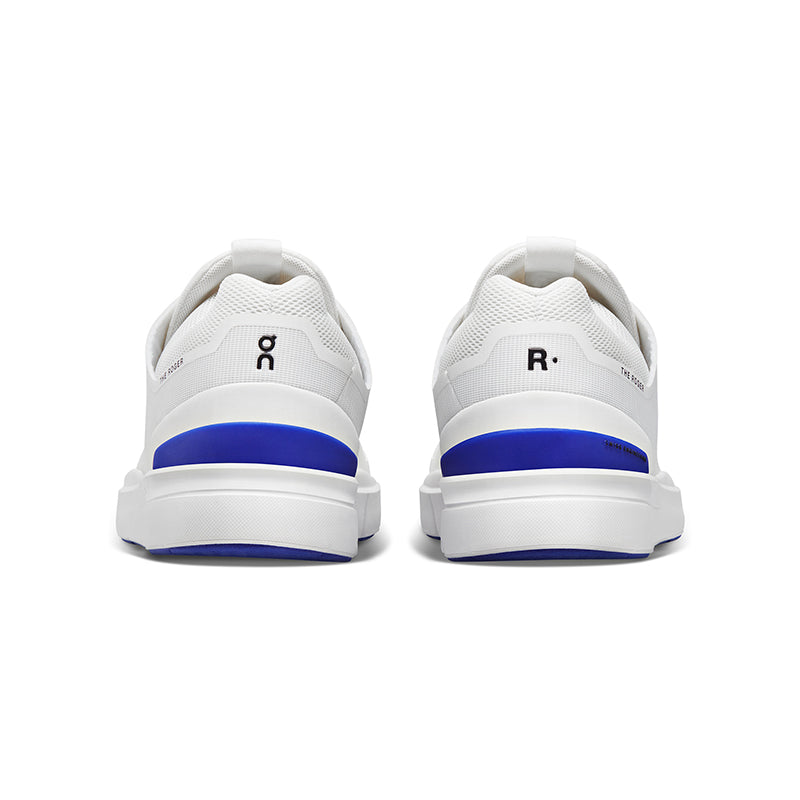 Back view of On Running Men's The Roger Spin Sneaker in Undyed/Indigo.