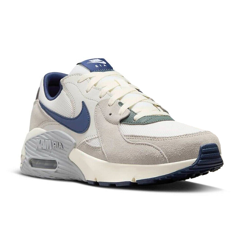 Angled side view of Nike Men's Air Max Excee Sneaker in Sail/ Navy/ Iron.