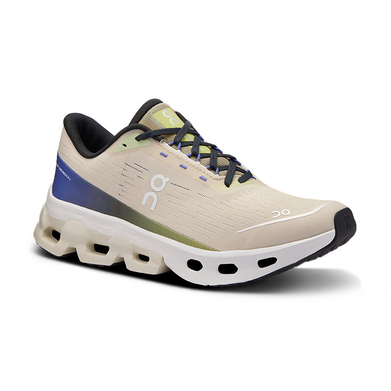 Angled side view of On Running Women's Cloudspark sneaker in ice/grove.