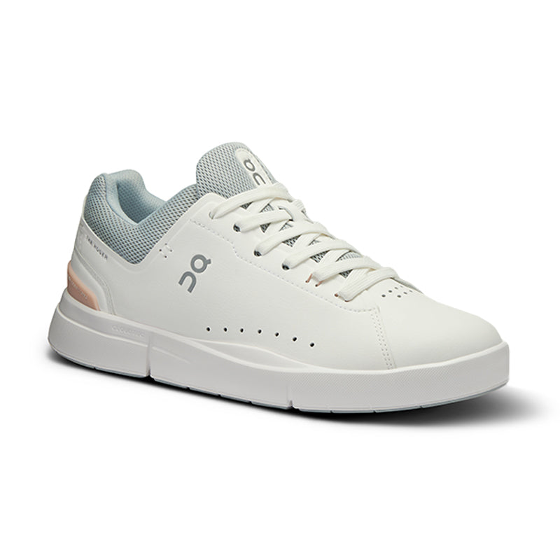 Angled side view of On Running Women's The Roger Advantage sneaker in white/rosehip.