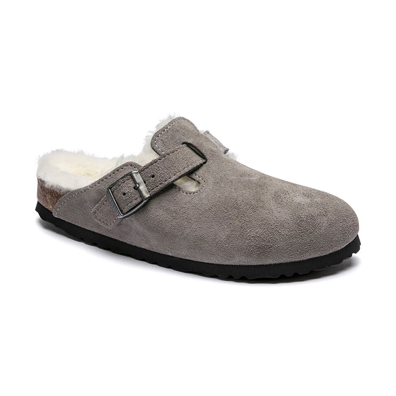 Women's Birkenstock Boston Shearling (NARROW) - Stone Coin Suede - 45° Angle - Available at Tradehome Shoes