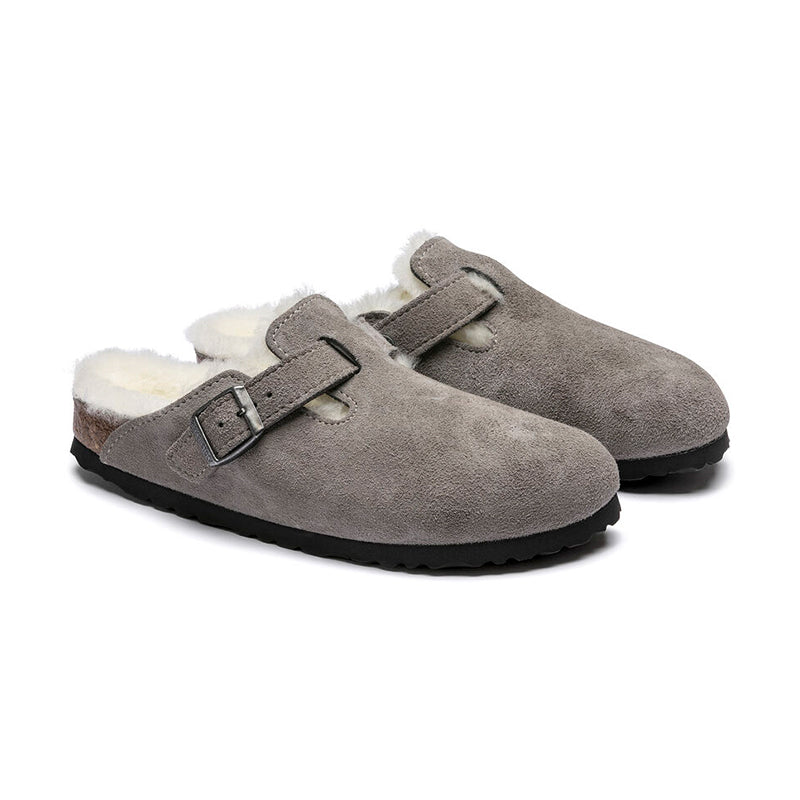 Women's Birkenstock Boston Shearling (NARROW) - Stone Coin Suede - Pair of Shoes 45° Angle - Available at Tradehome Shoes