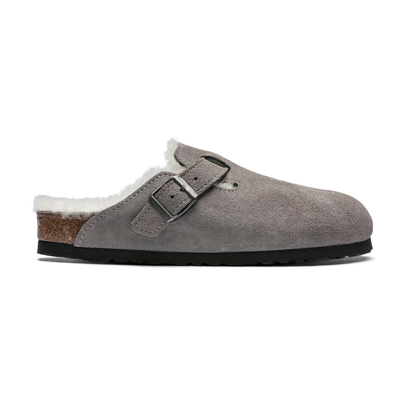 Women's Birkenstock Boston Shearling (NARROW) - Stone Coin Suede - Right Side View - Available at Tradehome Shoes