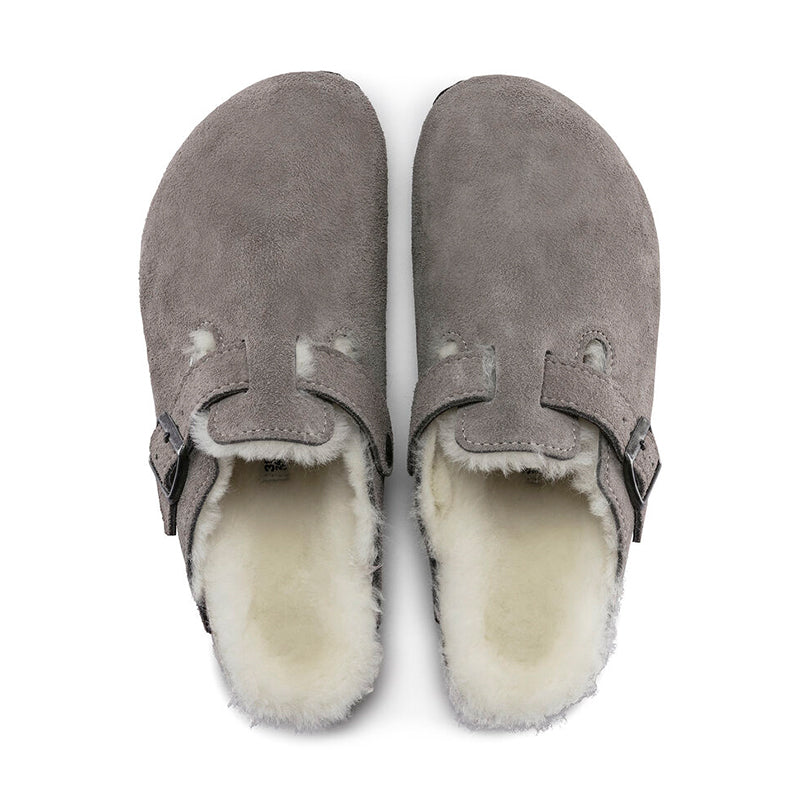 Women's Birkenstock Boston Shearling (NARROW) - Stone Coin Suede - Pair of Shoes Top-Down View - Available at Tradehome Shoes