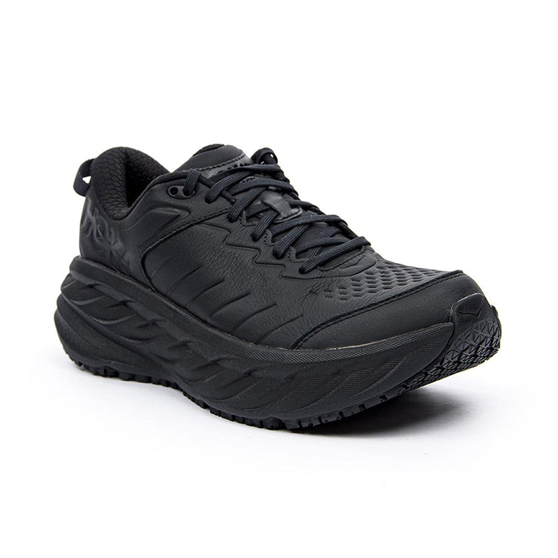 Angled side view of HOKA Men's Bondi Slip Resistant sneaker in Black/Black.
