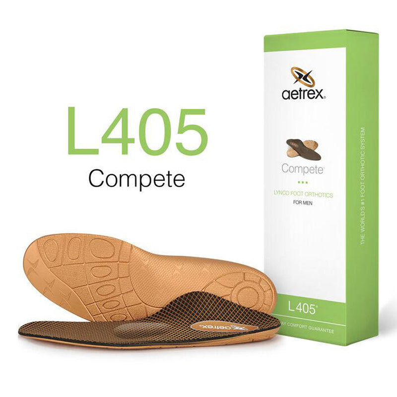 Packaged view of Aetrex Men's Lynco Sports Ortho Cupped Supported. Text: L405 Complete.