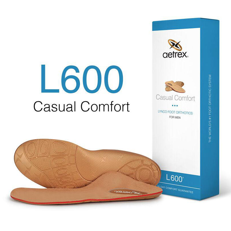 Packaged view of Aetrex Men's Lynco Casual Ortho Cupped Neutral. Text: L600 Casual Comfort.
