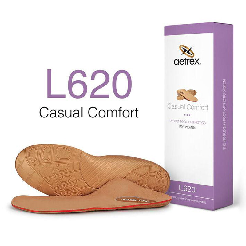 Packaging box and a women's insole designed for casual comfort with Aetrex Lynco branding, featuring orthopedic attributes for foot support.