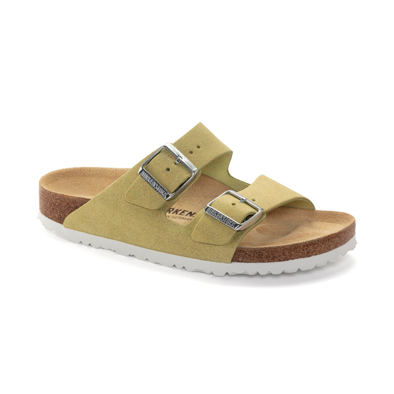 Women's Birkenstock Arizona (Narrow) - Shimmering Popcorn Suede - 45° Angle - Available at Tradehome Shoes