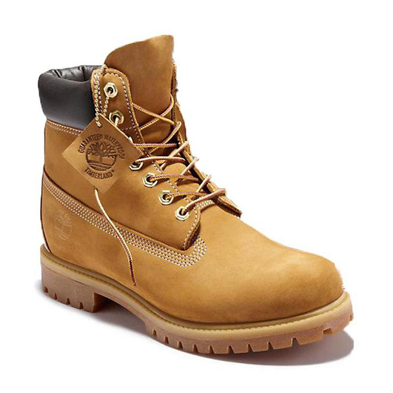 Angled side view of Timberland Men's 6" Premium Waterproof boot in Wheat.