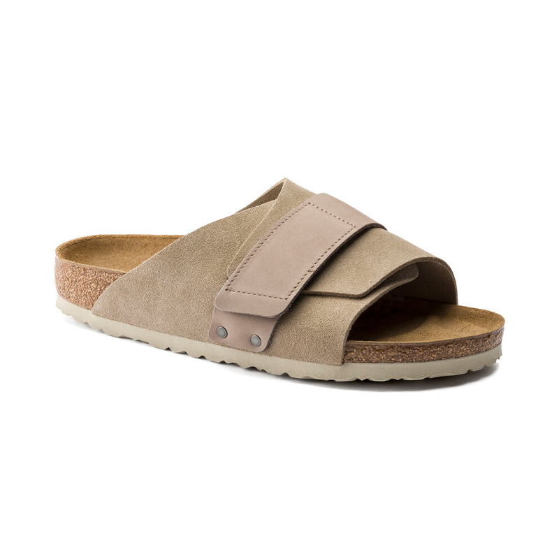 Men's Birkenstock Kyoto - Taupe Suede - 45° Angle - Available at Tradehome Shoes