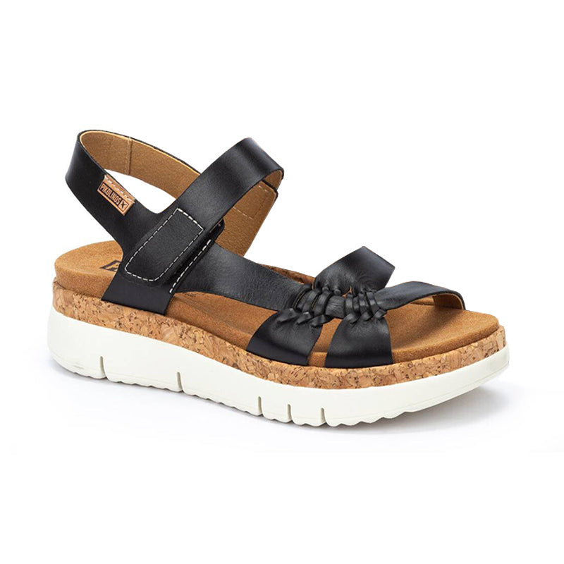Angled side view of Pikolinos Women's Palma Sandal in Black.