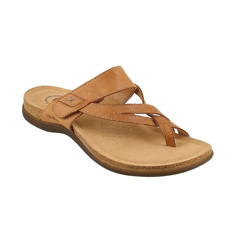Angled side view of Taos Women's Perfect Sandal in Tan.