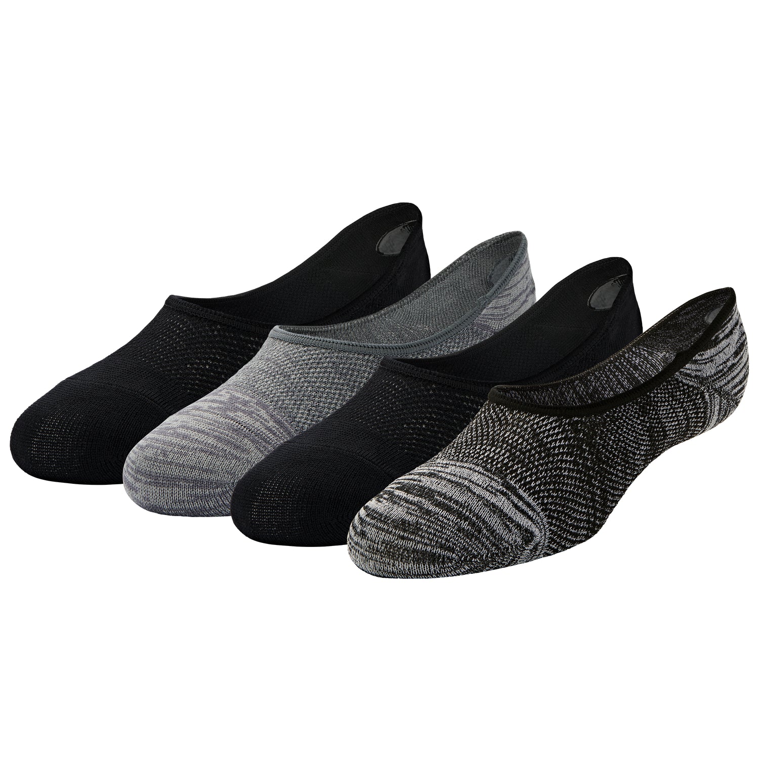 Side and front view of Junior's Century Small Footie Performance Sock 4pk in Black/Grey.